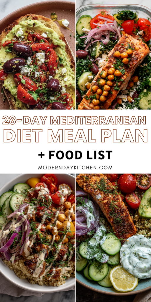 28 day Mediterranean diet meal plan for beginners with food list featuring Mediterranean avocado toast baked salmon kale bowl chickpea quinoa bowl with tahini and salmon tzatziki cucumber bowl