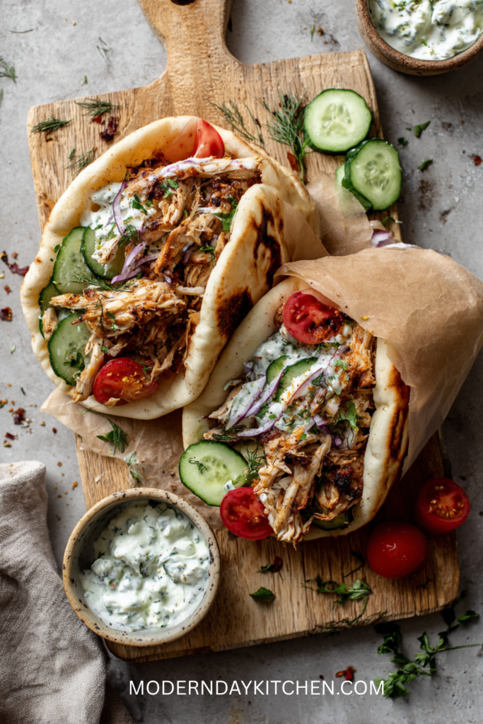 Crockpot Greek Chicken Pitas with Tzatziki