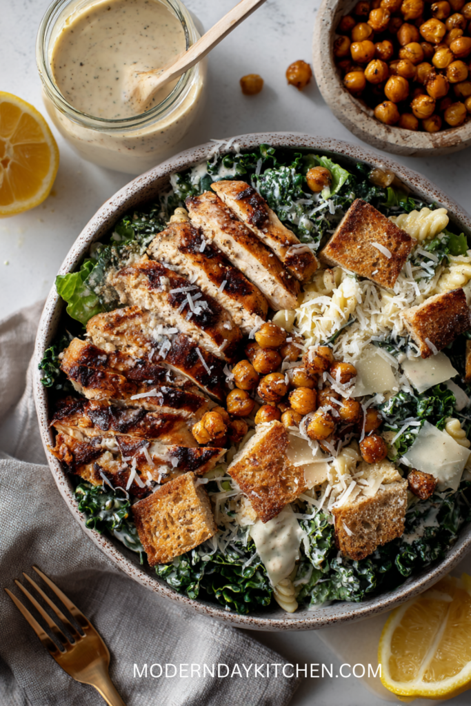 High-Protein Kale Chicken Caesar Pasta Salad