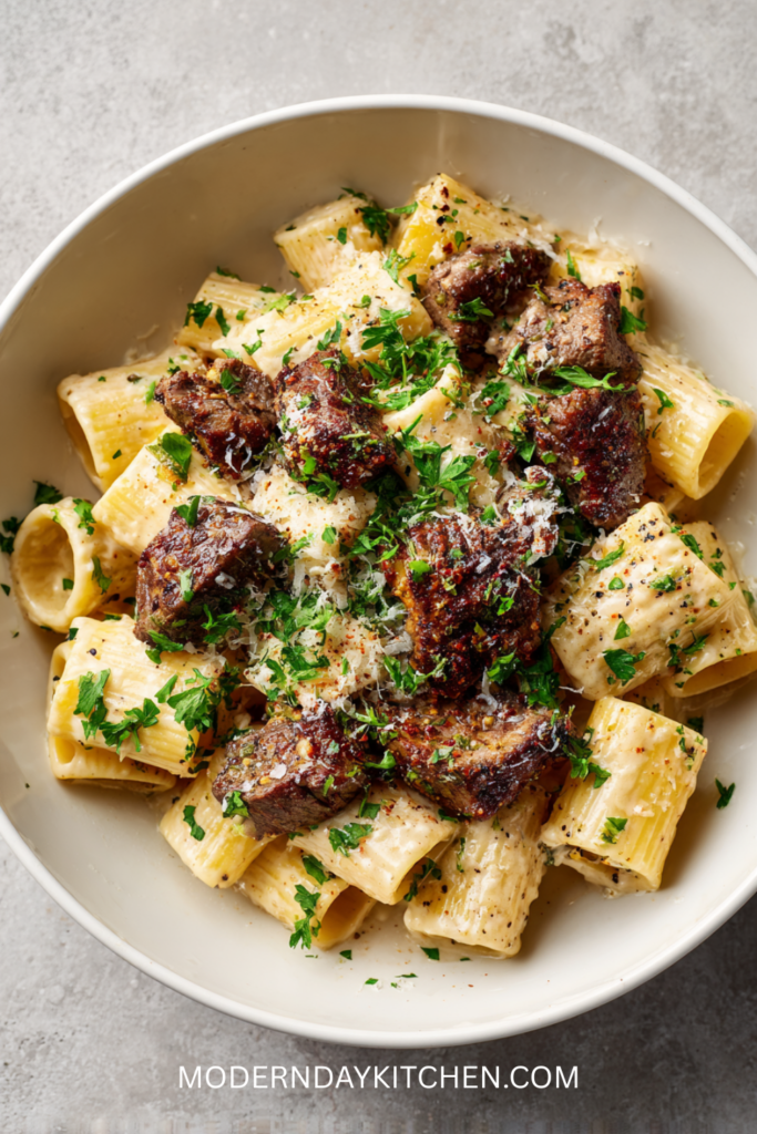 Cajun Steak Tips in Cheesy Rigatoni Parmesan Sauce