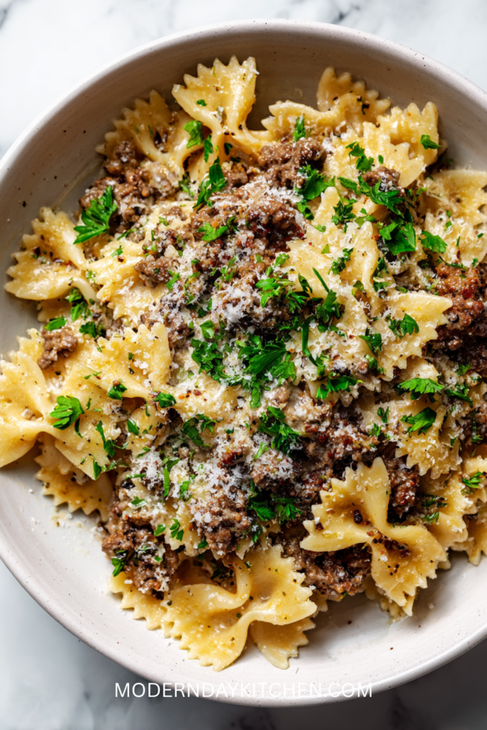 Creamy Parmesan Garlic Beef Bowtie Pasta