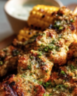 A close-up shot of grilled ranch chicken skewers seasoned with fresh herbs, served alongside charred summer corn on the cob with a creamy dipping sauce in the background. The image features high-quality food photography with warm, natural lighting, perfect for a summer dinner roundup.