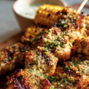 A close-up shot of grilled ranch chicken skewers seasoned with fresh herbs, served alongside charred summer corn on the cob with a creamy dipping sauce in the background. The image features high-quality food photography with warm, natural lighting, perfect for a summer dinner roundup.