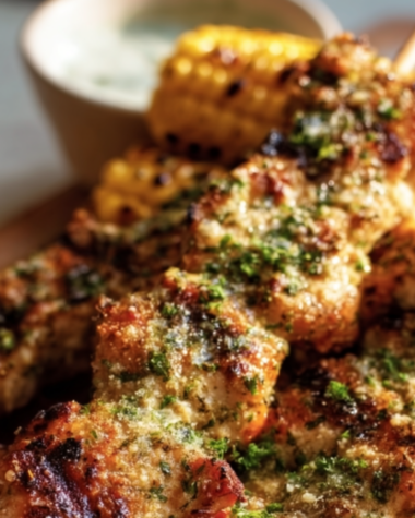 A close-up shot of grilled ranch chicken skewers seasoned with fresh herbs, served alongside charred summer corn on the cob with a creamy dipping sauce in the background. The image features high-quality food photography with warm, natural lighting, perfect for a summer dinner roundup.