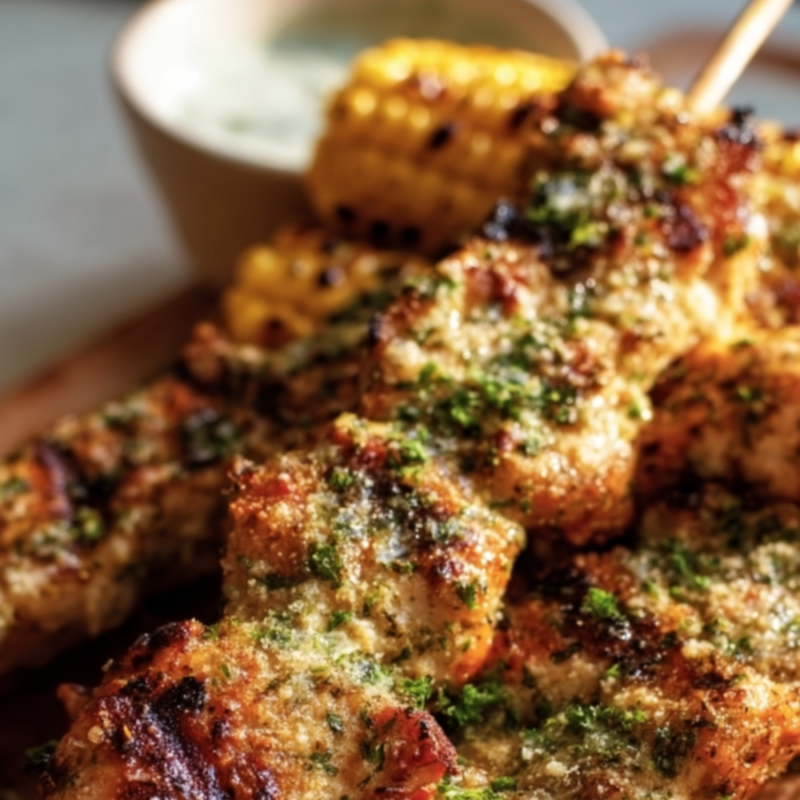A close-up shot of grilled ranch chicken skewers seasoned with fresh herbs, served alongside charred summer corn on the cob with a creamy dipping sauce in the background. The image features high-quality food photography with warm, natural lighting, perfect for a summer dinner roundup.